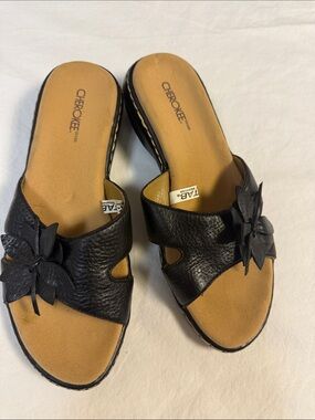 Cherokee Black Slide Mules with Floral Accent
